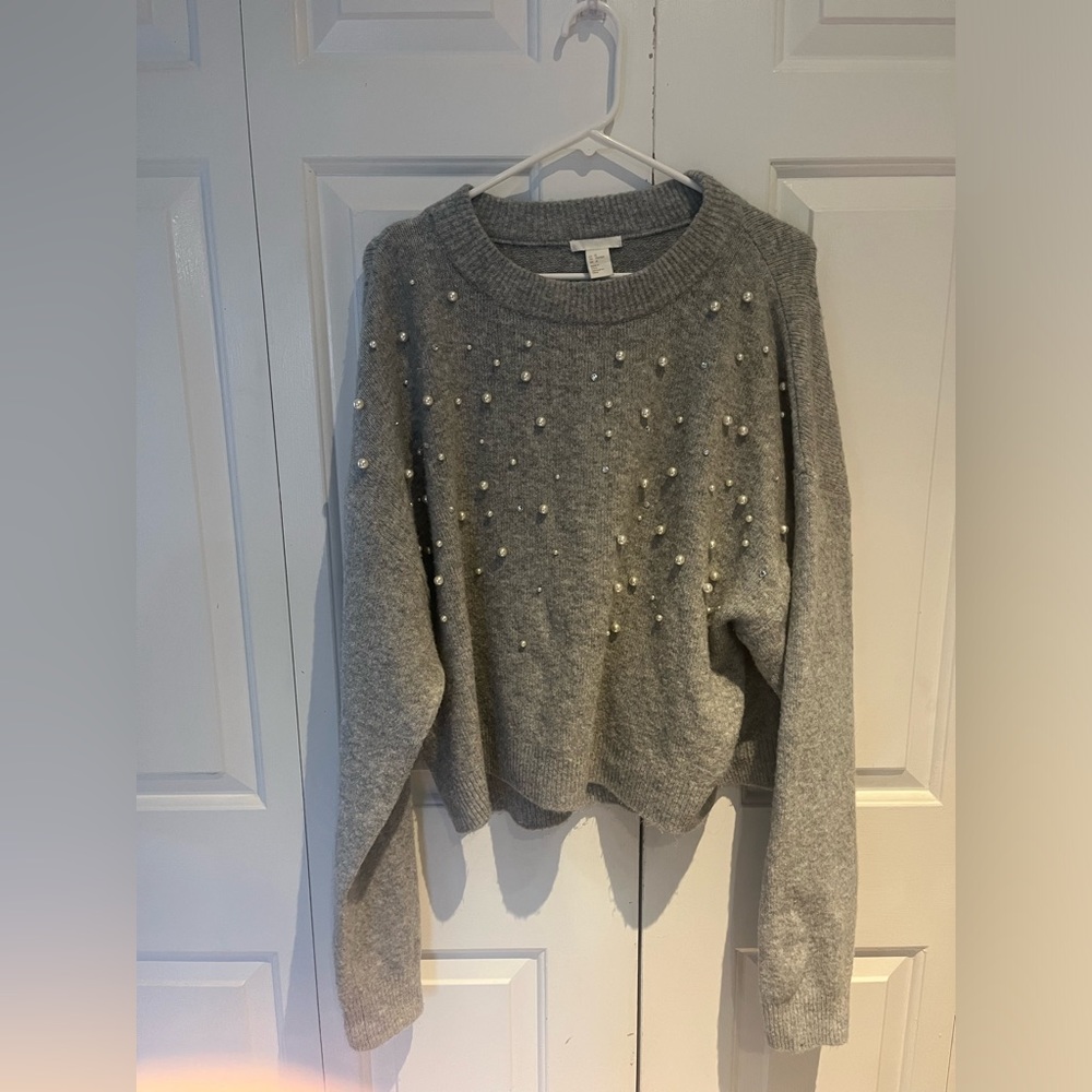 grey wool sweater with pearls and gems on front - never worn, new with tags